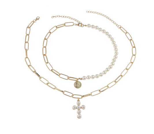 Link My Pearl Cross Double-Layer Necklace